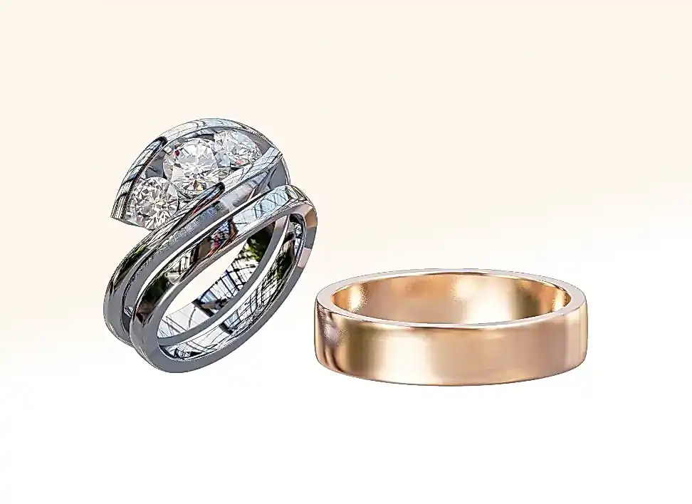 Bespoke wedding rings 1 Three-stone diamond engagement ring with a shaped wedding ring and a gents' rose gold wedding ring.